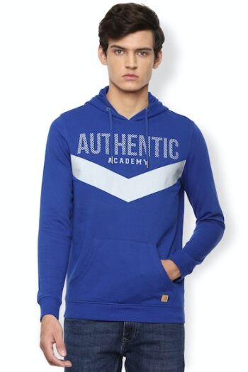 Van Heusen 6406 Men Blue Graphic Print Hooded Neck Sweatshirt